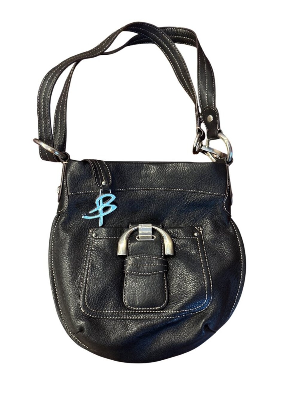 B. Makowsky Black Soft Leather Hobo Shoulder Bag Chunky Hardware Logo Charm